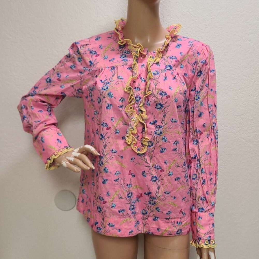 J. CREW LIBERTY FABRIC COTTON POPLIN RUFFLE BLOUSE WHEAT BOUQUET FLORALsz S - Picture 2 of 9